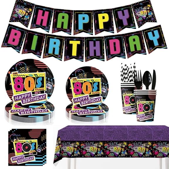 162Pcs 80s Birthday Decorations Party Supplies, 80's Themed Party Tableware Include Plates, Napkins, Cups, Straws, Cutlery, Tablecloth, Banner, for 80s Hip Pop Party, Serves 20 Guests
