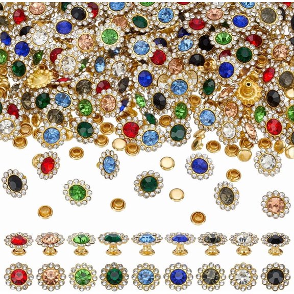 162Pcs 9 Colors Brass Rhinestone Rivets Semi-Tublar Rivets Collision Rivets Flower Golden Mixed Color 11x8mm 18pcs/color for DIY