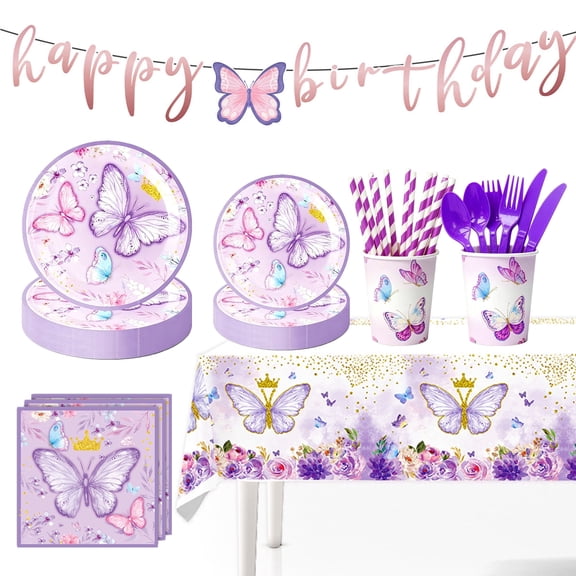 162Pcs Butterfly Party Decorations Purple Butterfly Plates and Napkins Tableware Set Disposable Paper Cups Flower and Butterfly Birthday Party Supplies for Kids Birthday Decor Serves 20 Guest
