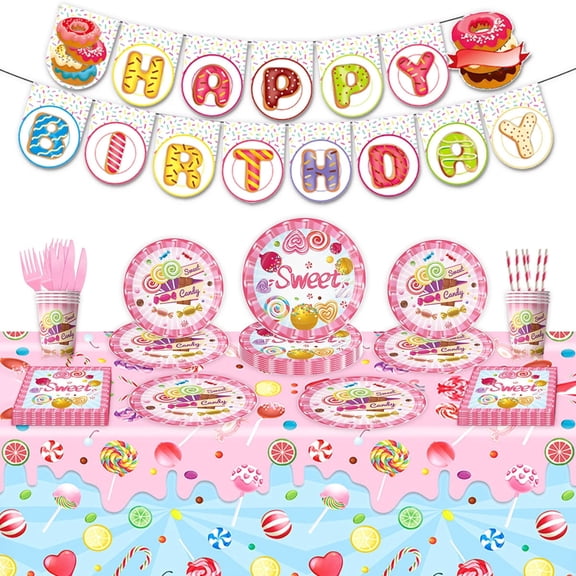 162Pcs Candyland Party Decorations, Include Candy Paper Plates Napkins Cups Banner Tablecloth Cutlery Straws, Candy Birthday Dinnerware for Baby Shower Birthday Party Supplies, Serves 20