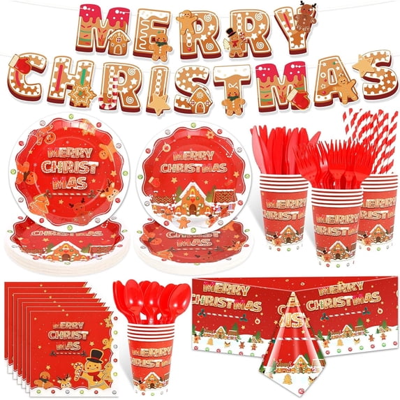 162PCS Christmas Party Supplies Merry Christmas Dinnerware Set Serves 20, Merry Christmas Banner Tablecloth Gingerbread Man Plates with Napkins Cups Knives Forks Spoons for Xmas Party Decorations