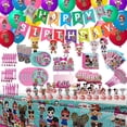 thumbnail image 1 of 162Pcs Doll Party Favor LOL Party Decorations Birthday Party Supplies, Flatware, Spoons, Fork, Knife, Plates, Cups, Straws, Table Covers, Banner, Napkins, Balloon, Hanging swirls, Cake Toppers, Ta, 1 of 4