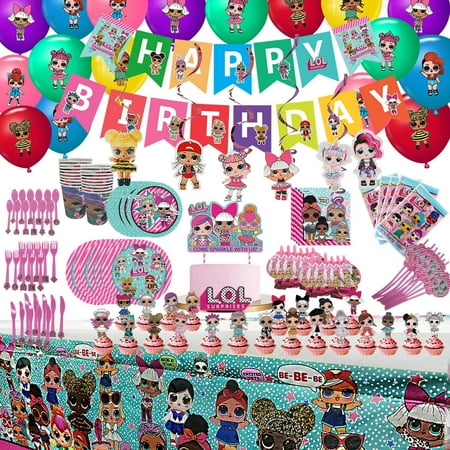 162Pcs Doll Party Favor LOL Party Decorations Birthday Party Supplies, Flatware, Spoons, Fork, Knife, Plates, Cups, Straws, Table Covers, Banner, Napkins, Balloon, Hanging swirls, Cake Toppers, Ta