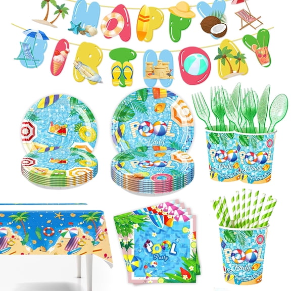 162Pcs Summer Pool Party Supplies, Swimming Beach Ball Themed Birthday Party Decorations, Tropical Hawaii Holiday Tableware Set Plates Napkins Cups Cutlery Tablecloth Banner for 20 Guests