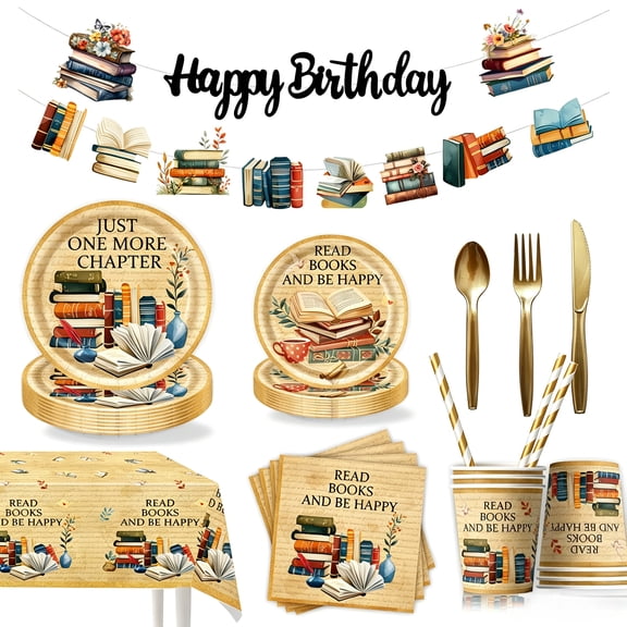 162Pcs Vintage Book Themed Birthday Party Decorations for 20 Guests, Library Reading Theme Party Supplies Tableware with Plates, Napkins, Cups, Tablecloth, Banner, and Cutlery for Book Party
