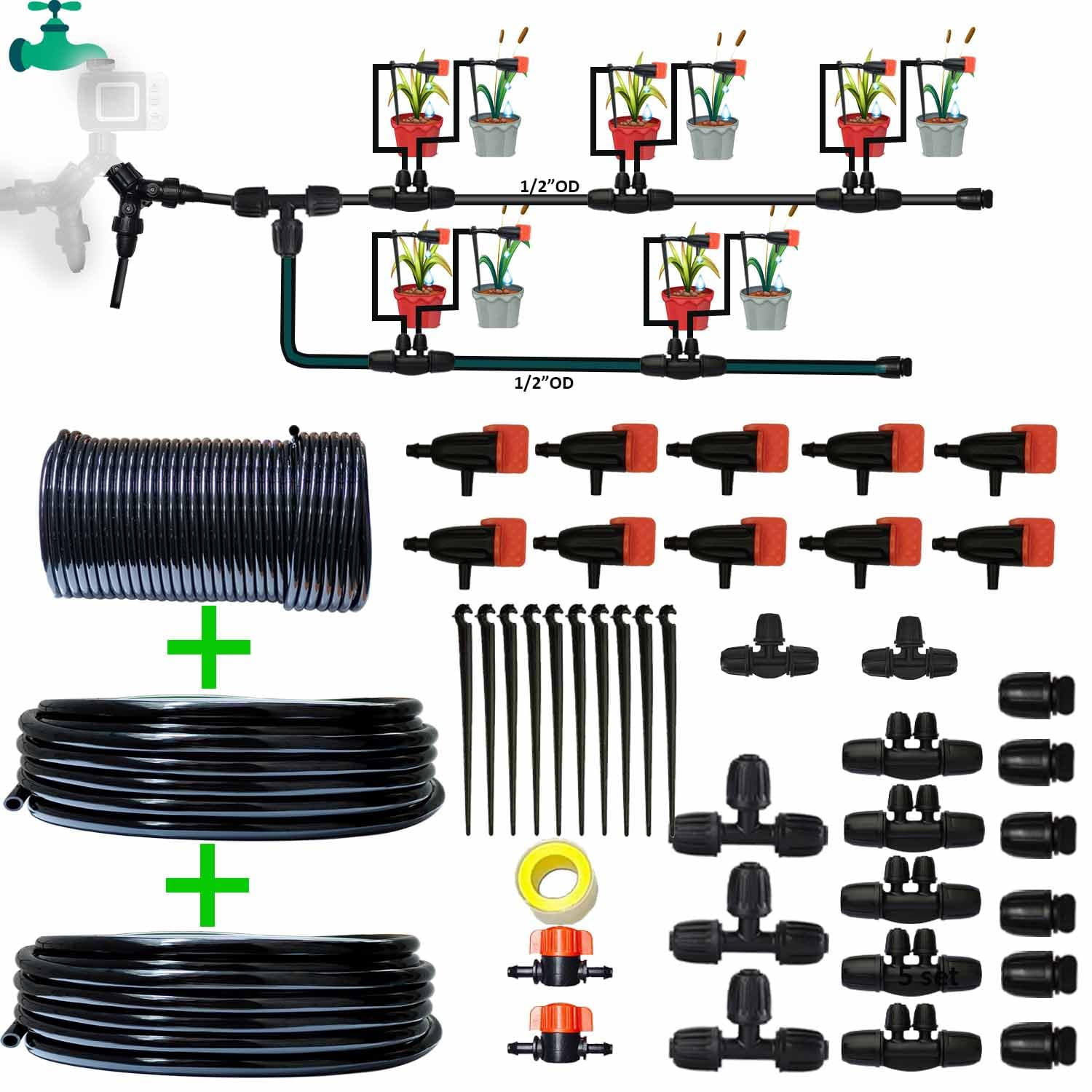162ft Drip Irrigation Kit 5/16ID Main Hose and 1/4 Inch Pipe Drip Irrigation System with Water