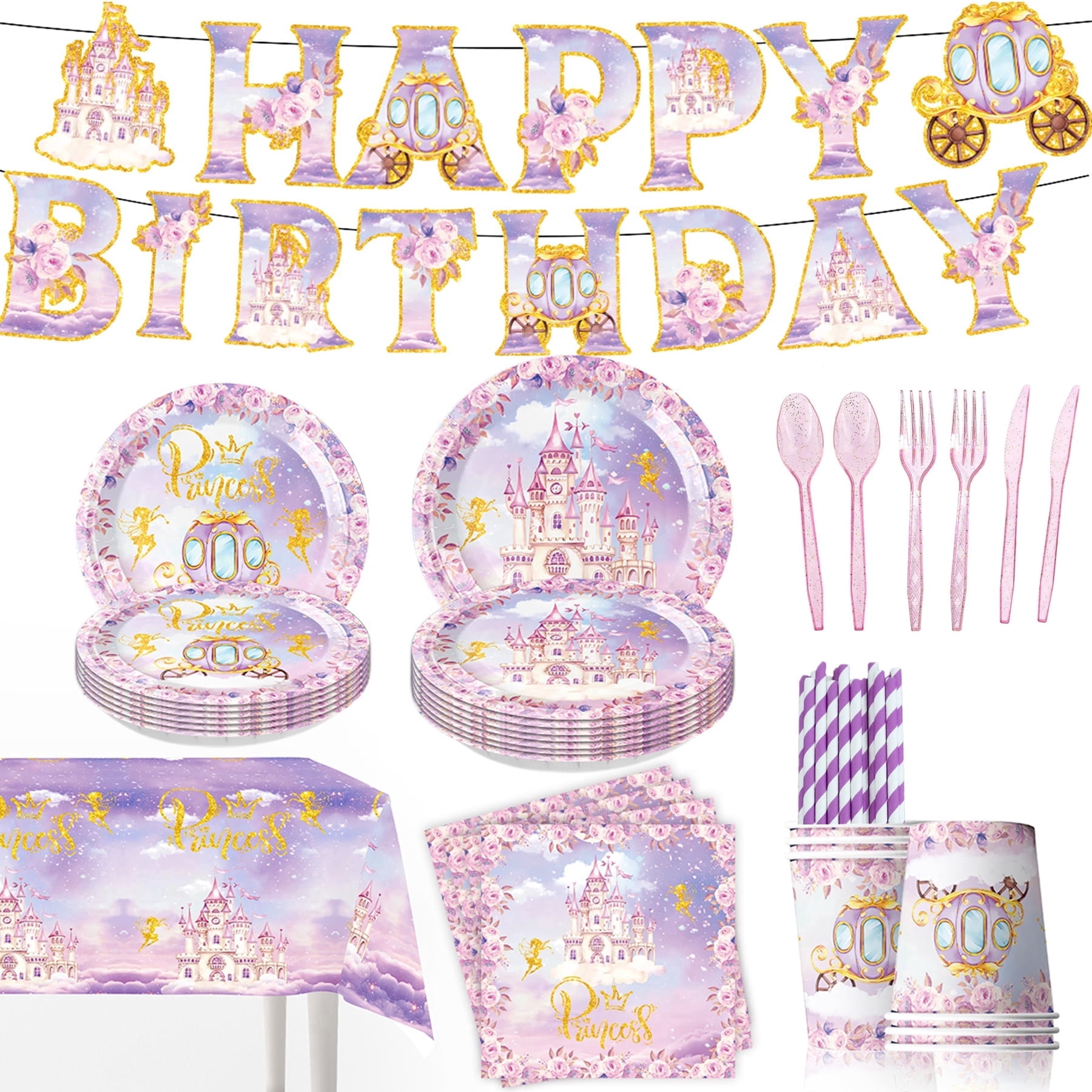 162pcs Princess Party Decorations Castle Crown Carriage Paper Plates Napkins Disposable Tableware Set Paper Cups Watercolor Floral Glitter Princess Birthday Party Supplies Serves 20 Guests