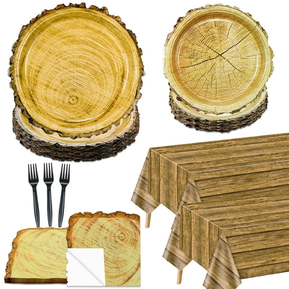 162pcs Rustic Wood Party Decorations Tableware - Wood Party Plates and Napkin Sets, Wood Tablecloth, Gold Forks for Rustic Party Decorations Woodland Party Decorations Camping Supplies, Serve 40