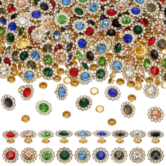 162sets Rhinestone Rivets Studs 0.43inch Semi-Tubular Rhinestones Rivets Golden Brass Studs 9 Colors Sun Flower Diamond Rivet