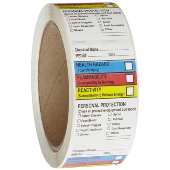 163-0015 Litho Removable Adhesive HMIG  with 4 Color Imprint, MSDS Chemical Name (with blank), 2-1/2" Length x 1-1/2" Width, For Identifying and Marking, White (Roll of 250)