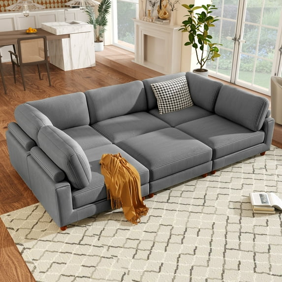 163'' Modular Sectional Sofa with Ottoman, L Shaped Corner Sectional, Furniture Set for Living Room, Office, Apartment, 6-Seater Oversized Modular Couch With 7 Back Cushion, Grey