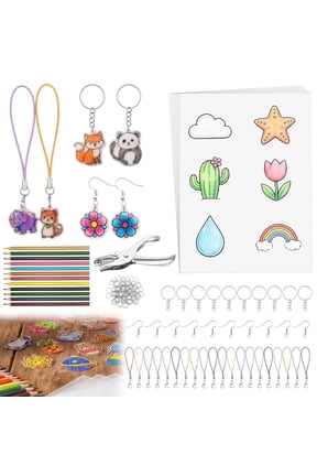  163 Pcs Printable Heat Shrink Plastic Sheets Kit with Colored Pencils, Hole Punch and Keychain Accessories for DIY Crafts