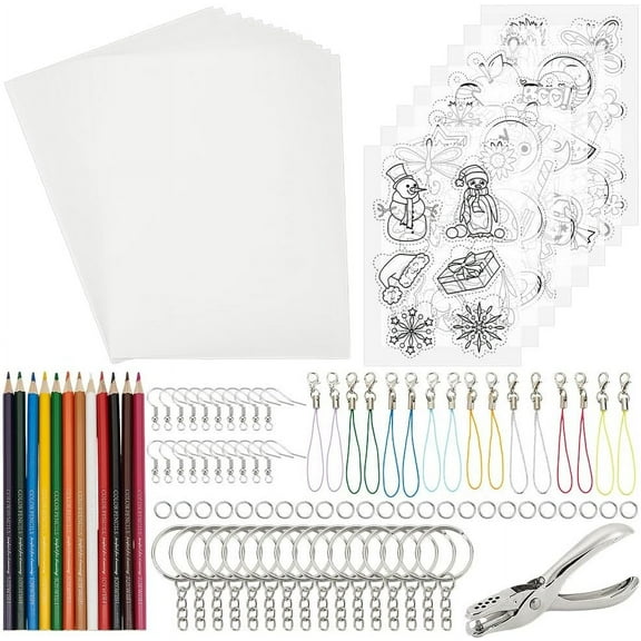 163 Pcs Shrinky Plastic Christmas Keychain Kit Include 23Pcs Heat Shrink Film Paper Alloy Handheld Puncher Stainless Steel Tweezers for Earrings Keychain Jewelry DIY Creative Craft