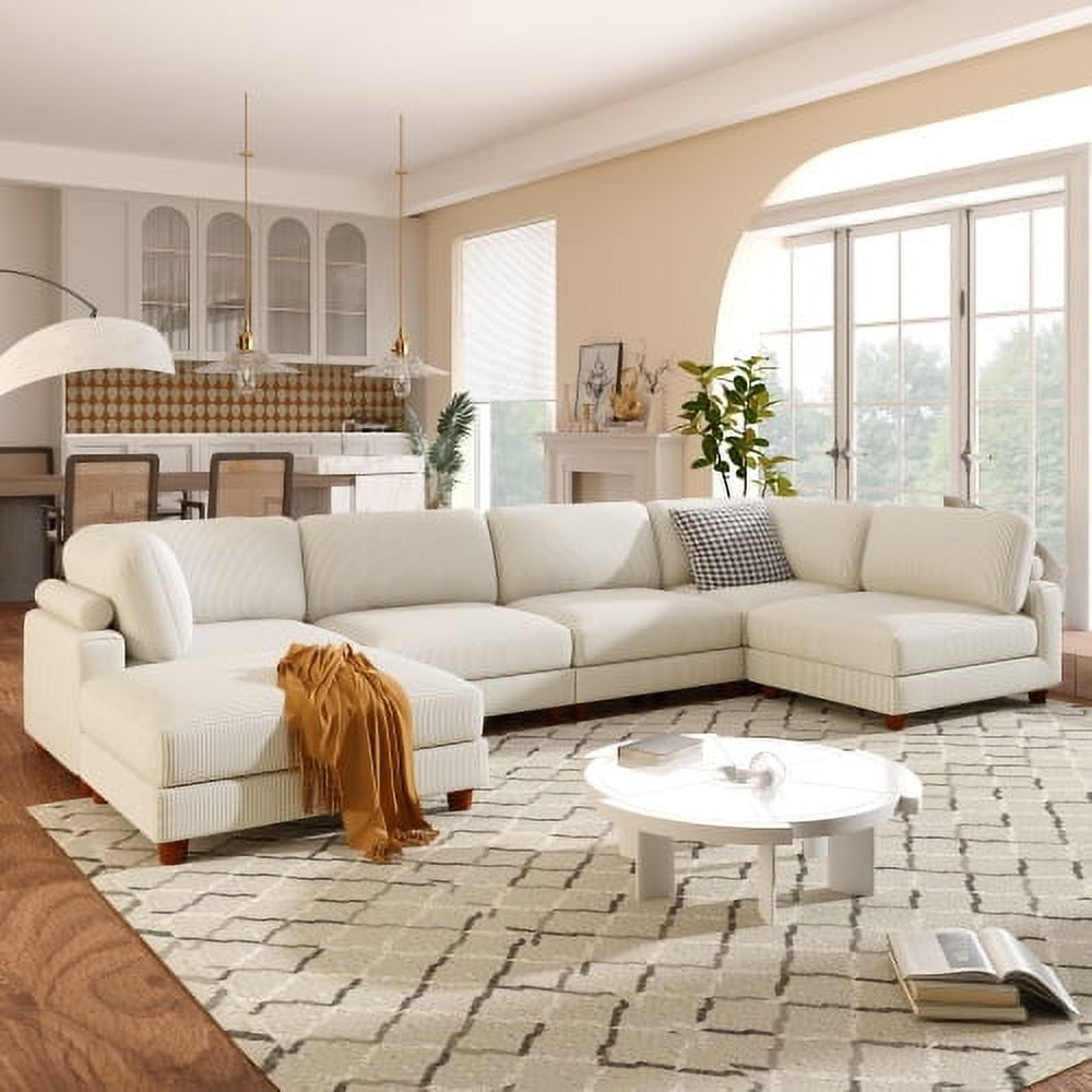 163 U Shaped Sectional Sofa Couch Corduroy Fabric Modern Cozy 6 Seater Modular Sofa with Double Chaise Lounge for Living Room Beige