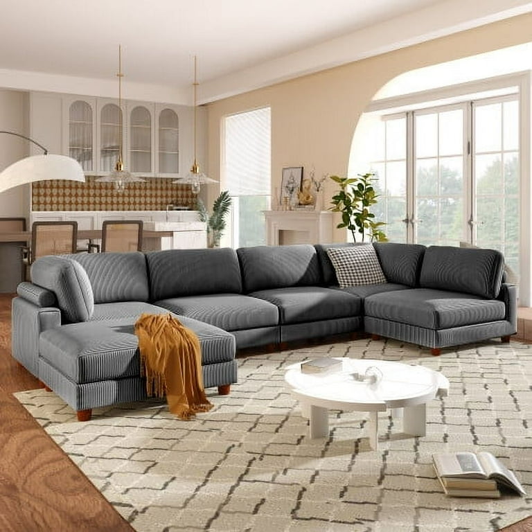 163 U Shaped Sectional Sofa Couch Corduroy Fabric Modern Cozy 6 Seater Modular Sofa with Double Chaise Lounge for Living Room Grey