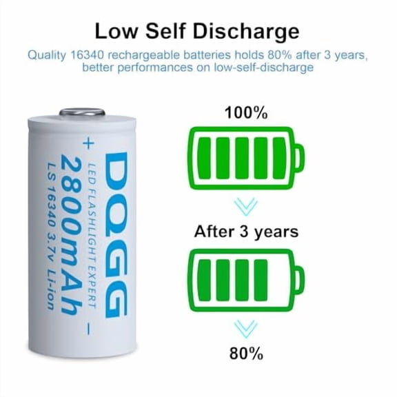 16340 Rechargeable Battery 2800mAh Large Capacity Button Top 4 Pack 3.7Volt Li-ion Batteries Rechargeable for Flashlights Headlamps
