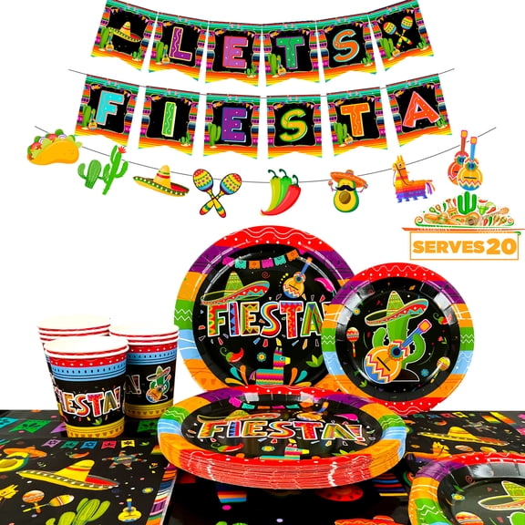 163Pcs  Fiesta Party Paper Tableware Set   Includes Fiesta Plates, Cups, Napkins, Tablecloth, Banner & More, Perfect Fiesta Party Supplies