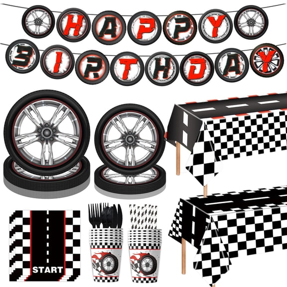 163Pcs Racing Car Party Supplies Race Car Tableware Set Checkered Racer Birthday Dinnerware Racing Themed Plates Napkins Cups Cutlery Tablecloth for Race Party Supplies Serves 20