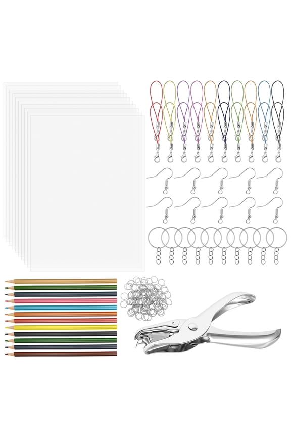 163Pcs Shrinking Sheet Kit Including Blank Heat Shrinking Film Art Paper Hole Punch Keychain and More Shrink Keychain Jewelry Making Accessories Craft Supplies
