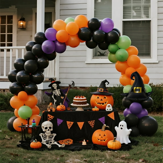 163pcs Halloween Balloon Set, Including Matte Apple Green Balloons, Matte Purple Balloons, Matte Black Balloons, Matte Orange Balloons,Wizard Hat Balloon Arch, Suitable for Halloween