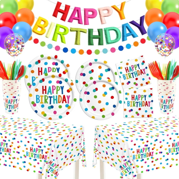 164 Pcs Birthday Party Supplies, Happy Birthday Decorations with 3D Felt Banner, Birthday Plates and Napkins Set, Balloons, Tablecloth, Serves 24 - Colorful Polka Dot Theme for Boys & Girl Y114
