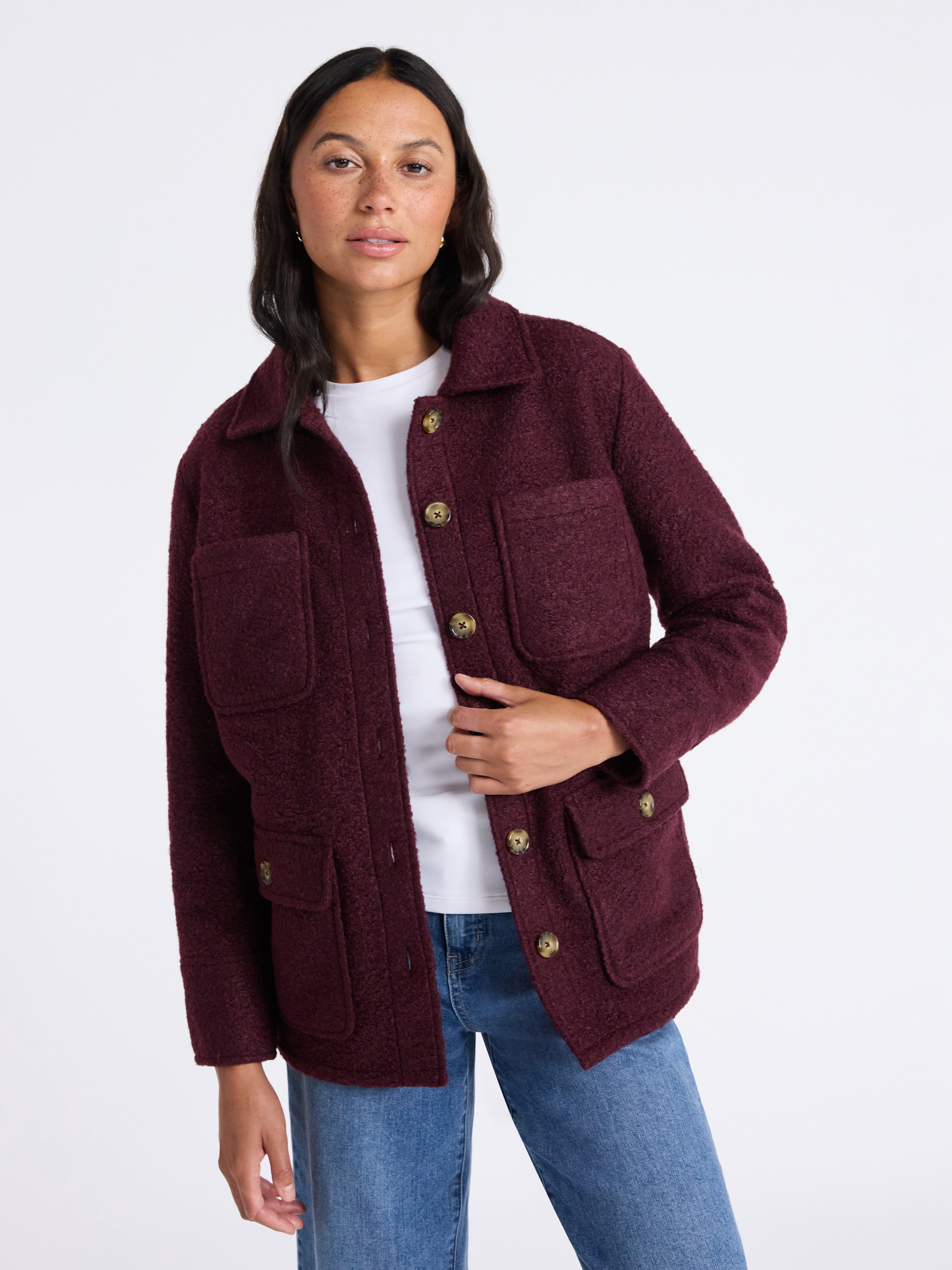 Time and Tru Women's Boucle Utility Shacket, Midweight, Sizes XS-XXXL
