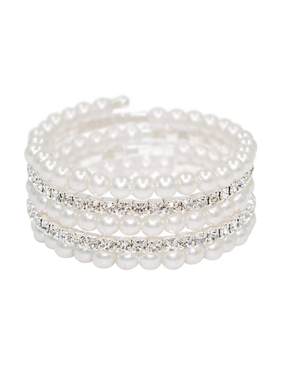 #16465 Pearl and Rhinestone Memory Coil Wrap Coil Bracelet