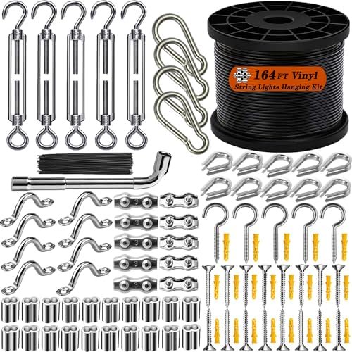 164FT Outdoor String Light Hanging Kit | Black Vinyl-Coated 304 Stainless Steel Wire Rope | Turnbuckles & Hooks | Rustproof Easy Install Set for Patio, Backyard, Garden$$Tools & Hardware Other