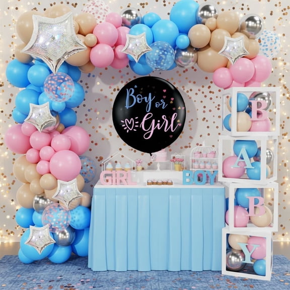 164PCS Baby Boxes Gender Reveal Balloon Decorations, Pink and Blue Balloon Garland Kit 4pcs Boxes with Letters for Baby Shower Birthday Boy or Girl Gender Reveal Party Supplies