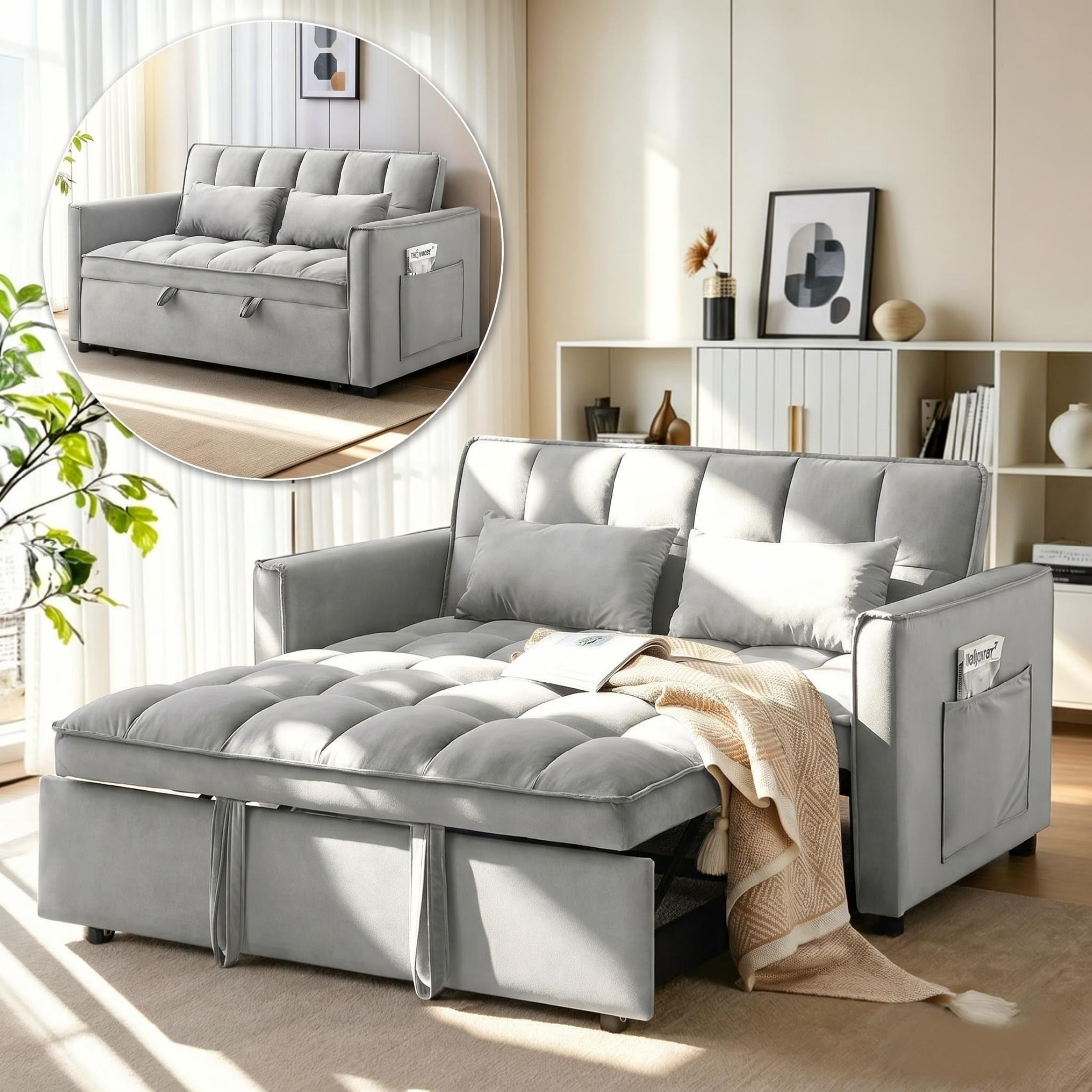 AISWORD Convertible Sofa Bed, 3 in 1 Pull Out Sleeper Loveseat Couch with Storage, Gray