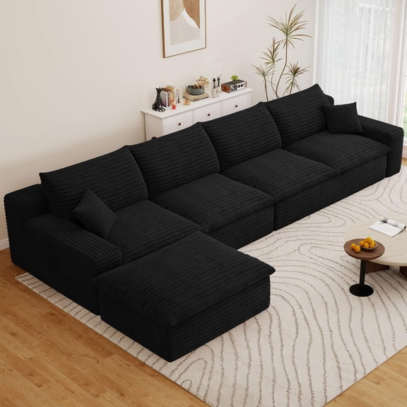 165" Cloud Couch Modular Sectional Sofa for Living Room, U-Shape Boneless Couch with Deep Seat, Modern Corduroy 5-Seater with Ottomans, No Assembly Required, Green