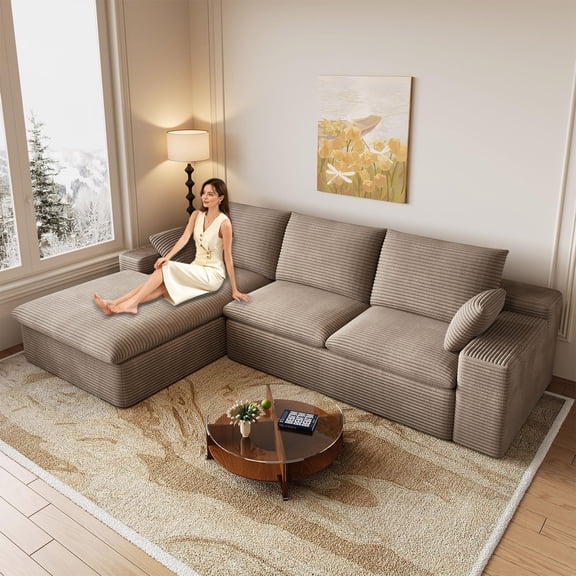 107" Modular Sectional Sofa with Left Chaise, Deep Seat Corduroy Couch for Living Room, Camel