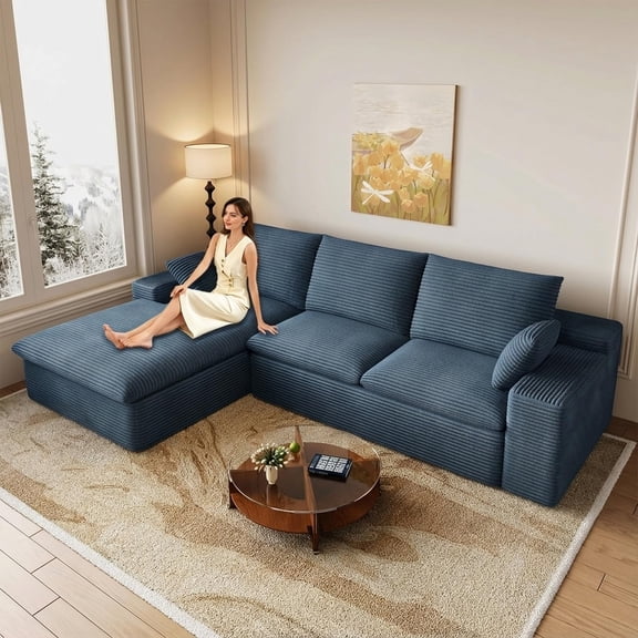 107" Modular Sectional Sofa with Left Chaise, Deep Seat Corduroy Couch for Living Room, Blue