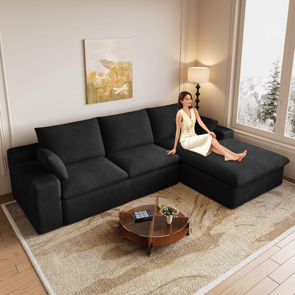 107" Modular Sectional Sofa with Left Chaise, Deep Seat Corduroy Couch for Living Room, Black