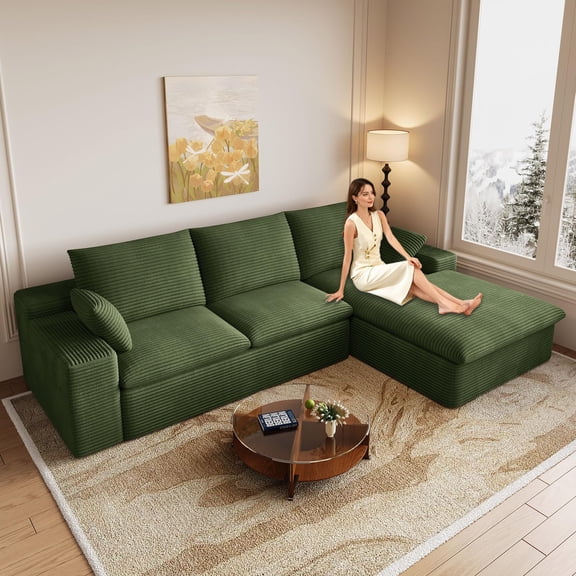 107" Modular Sectional Sofa with Right Chaise, Deep Seat Corduroy Couch for Living Room, Green