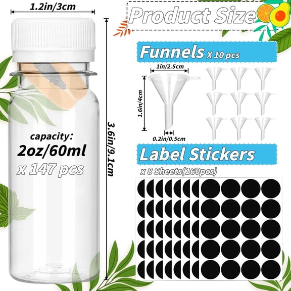 165 Pcs 2 oz Clear PET Plastic Juice Bottles with White Caps and Funnels for Beverages