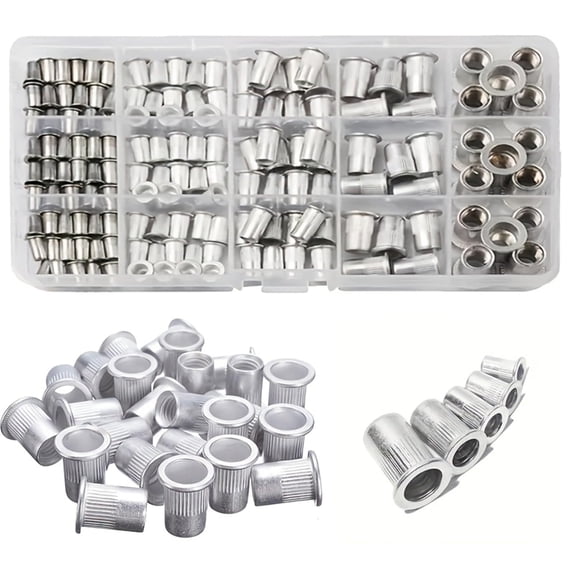 165 Pcs Metric Rivet Nut Kit, Aluminum Flat Head Threaded Insert Nutsert Assortment (M3 M4 M5 M6 M8 M10 M12), Knurled Body Rivnuts for Automotive, Furniture & DIY Projects (Rivet Gun Not Included)