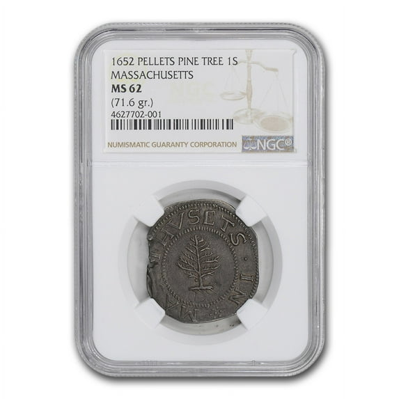 1652 Pine Tree Shilling MS-62 NGC (Large PIanchet) Pellets