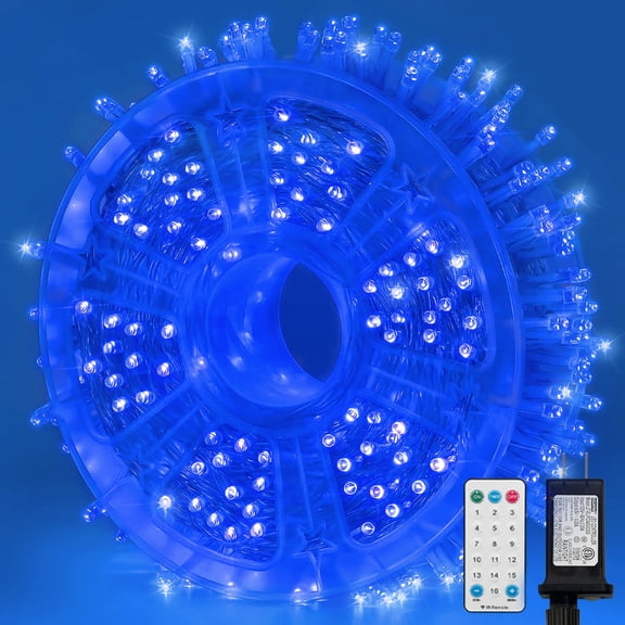 165FT 500 LED String Lights, Blue Fairy Lights Plug in, 16 Modes Transparent Blue Wire, Male-Female & End Connectors, 29V Low Voltage for Indoor Outdoor Christmas Wedding Decoration