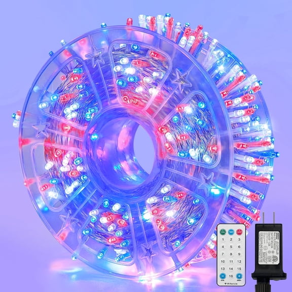 165FT 500 LED String Lights, White/Red/Blue Fairy Lights Plug in, 16 Modes Transparent Wire, 3m Power Cord, 29V Low Voltage for Indoor Outdoor Christmas Wedding Decoration