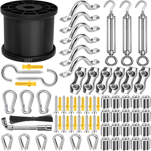 165FT String Light Hanging Kit,304 Stainless Steel Cable | Outdoor Light Guide Wire, Globe String Light Suspension Kit with M5 Turnbuckles for Clothesline, Garden Rigging