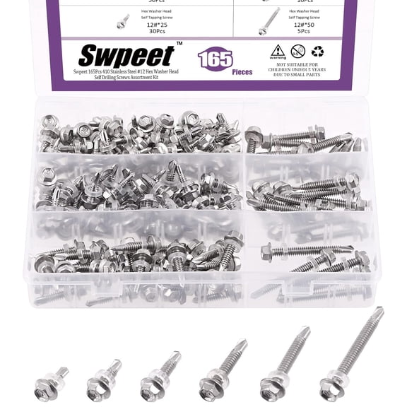165Pcs 410 Stainless Steel #12 Self Drilling Screw Assortment Kit, Hex Washer Head Self Drilling Sheet Metal Screws Head Self Tapping Screws Anti-Rust Metal Screws Set for Metal (#12, Silver)