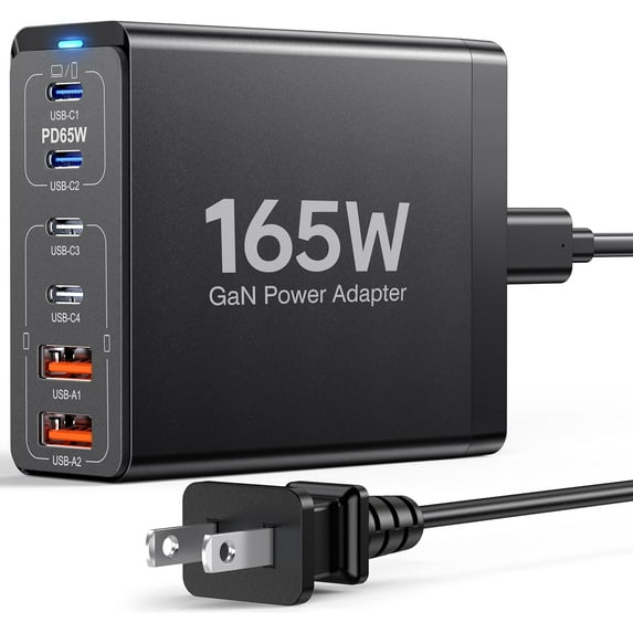 165W USB C Fast Charger GaN Compact 6 Port PD USB C Charging Station Block Hub Plug Laptop Power Adapter Compatible with MacBook Pro/Air iPad Pro iPhone 16 15 14 13 12 Galaxy Note S24 Pixel Steam
