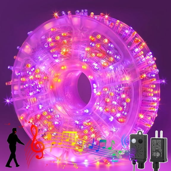165ft Halloween Decorative Mini Lights With Music, 500 LED Transparent Wire Fairy Starry String Light Plug in, 16Lighting Modes for Indoor Xmas Tree Wedding Party Decoration (orange+purple)