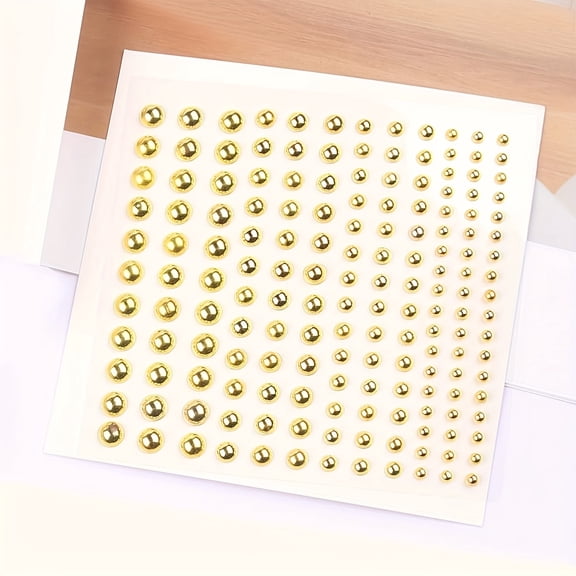 165pcs Golden Self-Adhesive Pearl Stickers, 4 Sizes Makeup Pearl Jewel Stickers, White Jewelry Decor for Face Body Nails Hair Phone Art Craft Scrapbooking, Sizes 0.12/0.16/0.2 Inch