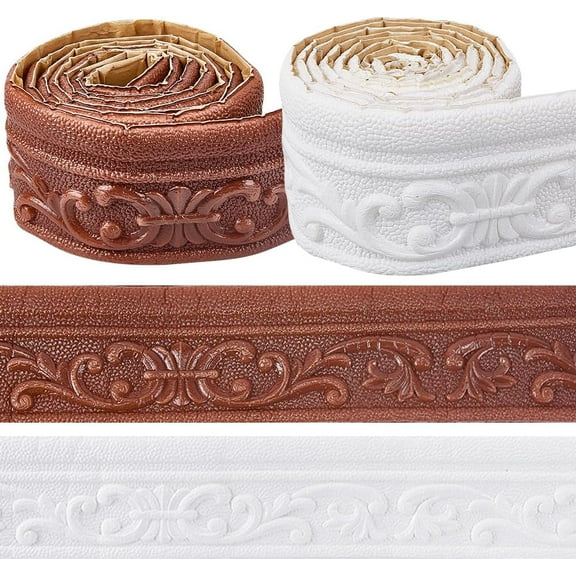 165x3.14x0.24in Peel and Stick Wallpaper 3D Border Molding White Brown Self Adhesive Flexible Baseboard Trim Waterproof Mirror Sticky Wall Edging Base Line Foam for Hotel Home DIY Decor for DIY