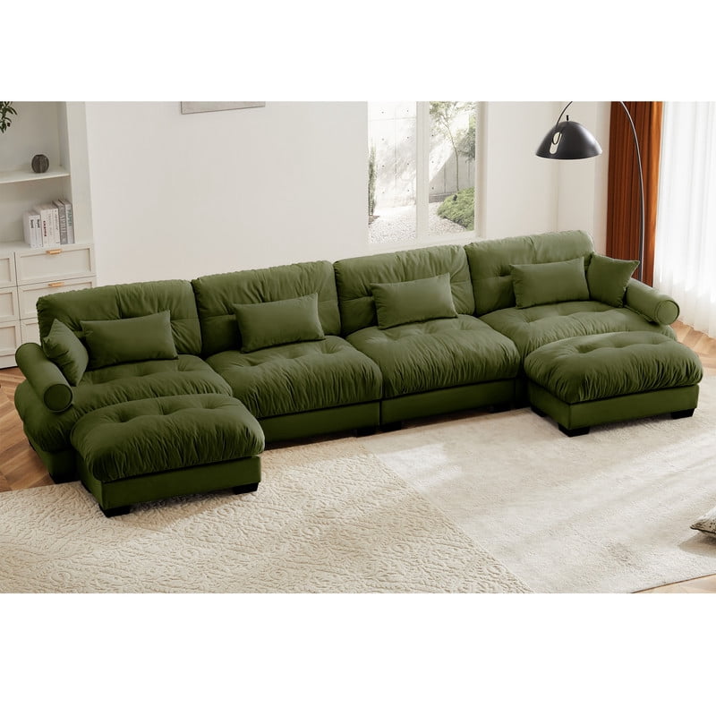 166" Modular Sectional Sofa with 2 Ottomans, 4-Seater Velvet Couch , Convertible U-Shaped Sofa, Deep Seat Cloud Couch with Pillows, Modern Sofa for Living Room, Apartment, Olive Green