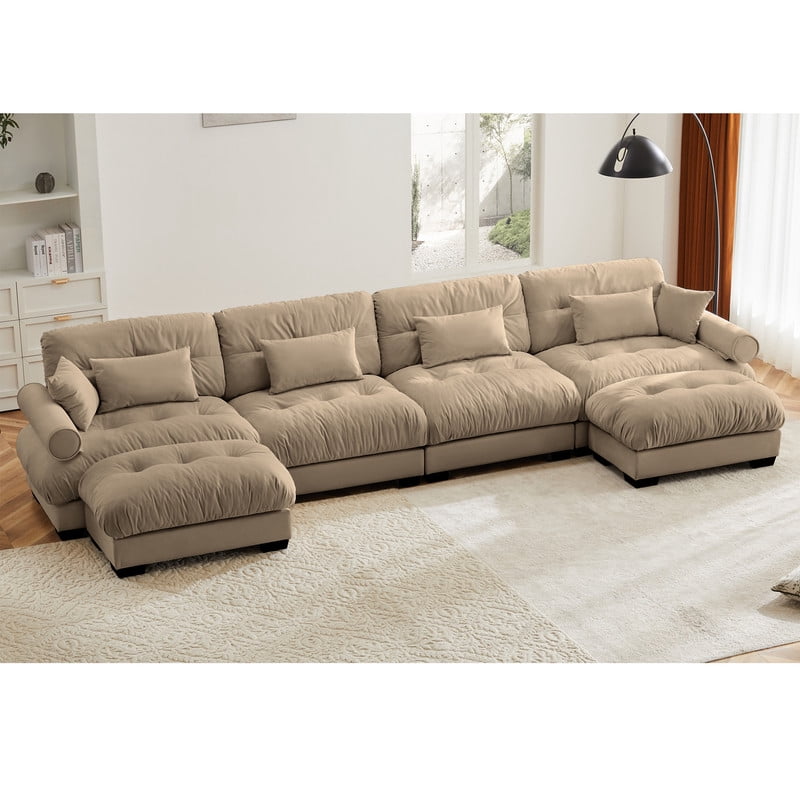 166" Modular Sectional Sofa with 2 Ottomans, 4-Seater Velvet Couch , Convertible U-Shaped Sofa, Deep Seat Cloud Couch with Pillows, Modern Sofa for Living Room, Apartment, Camel