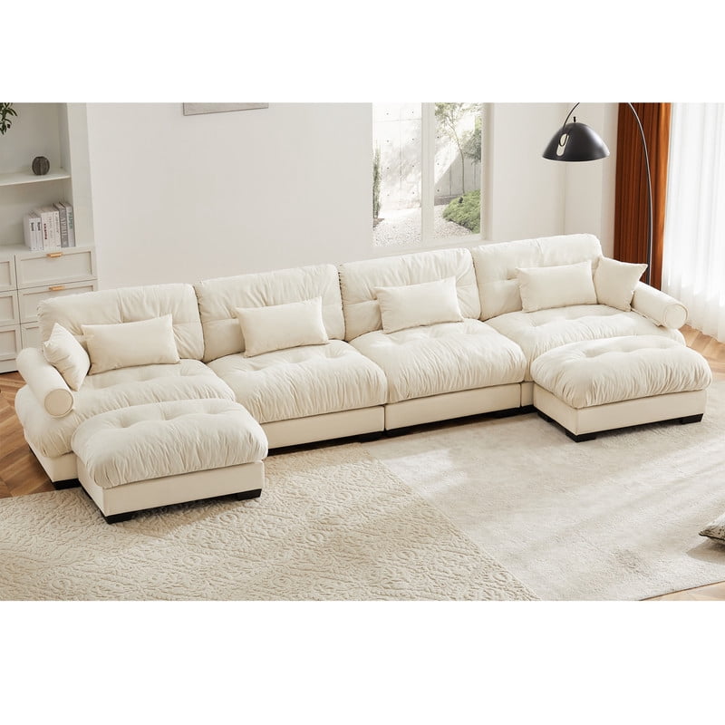 166" Modular Sectional Sofa with 2 Ottomans, 4-Seater Velvet Couch , Convertible U-Shaped Sofa, Deep Seat Cloud Couch with Pillows, Modern Sofa for Living Room, Apartment, Beige