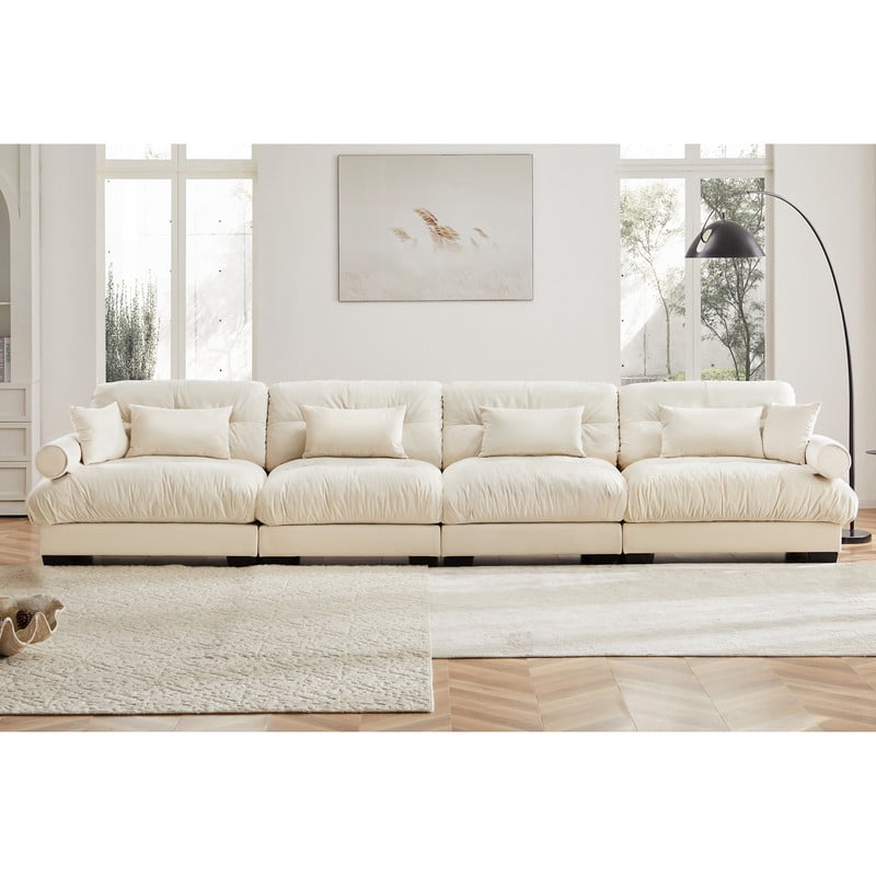 166" Modular Sectional Sofa, 4-Seater Velvet Couch, Deep Seat Cloud Sofa with Bolster Armrests & Pillows, Modern Upholstered Sofa for Living Room, Apartment, Beige